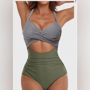 Chic Olive Green & black and white top 1 PC Swimsuit/ tummy control/ cut out NWT